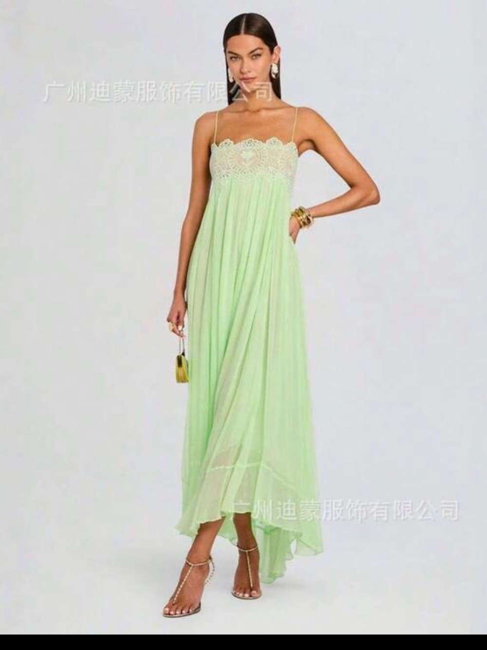 SHEIN Mint Green Lace-Trim High Low Maxi Dress